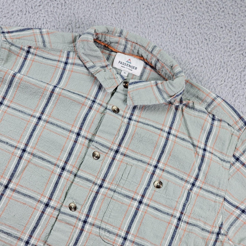 Passenger Shirt Mens Medium Green Plaid Cotton Linen Button Up Casual Outdoor